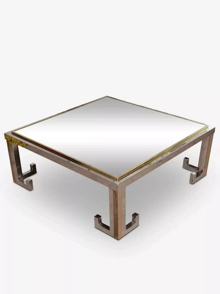 1960s Glass Coffee Table with Chrome and Brass Greek Key Design