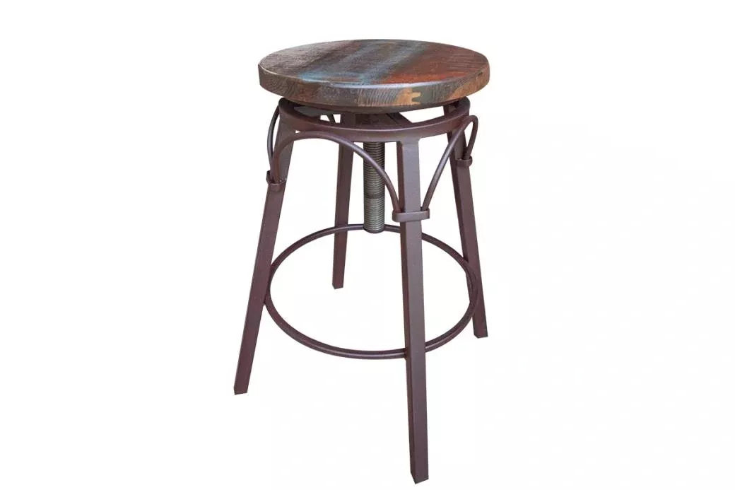 Antique Multicolor 24-30" Adjustable Swivel Stool, wooden seat, straight leg