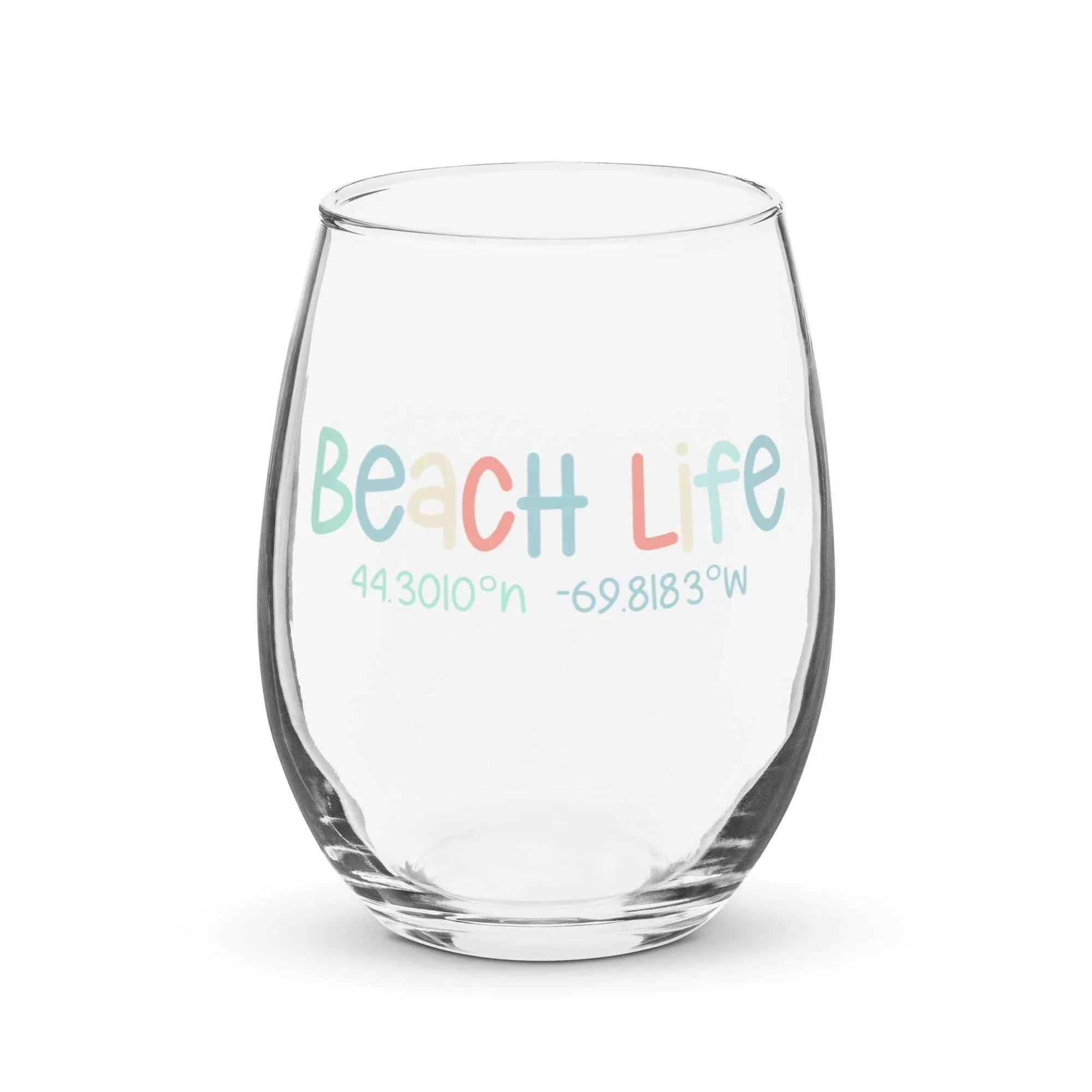 Beach Life Personalized Stemless Wine Glass, Latitude & Longitude Coordinates