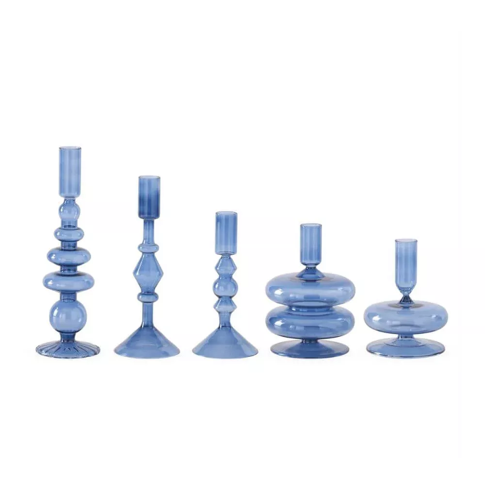 Blue Glass Taper Candleholders, Set of 5
