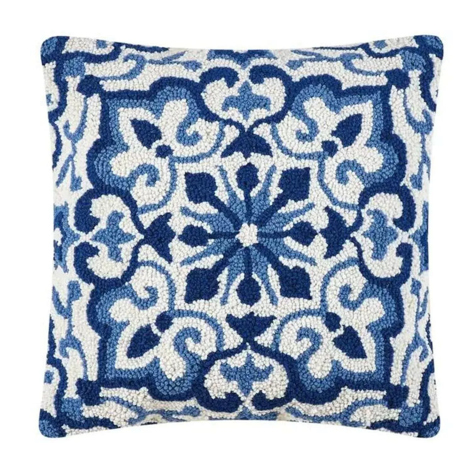 Blue Medallion Hook Pillow, 18 x 18