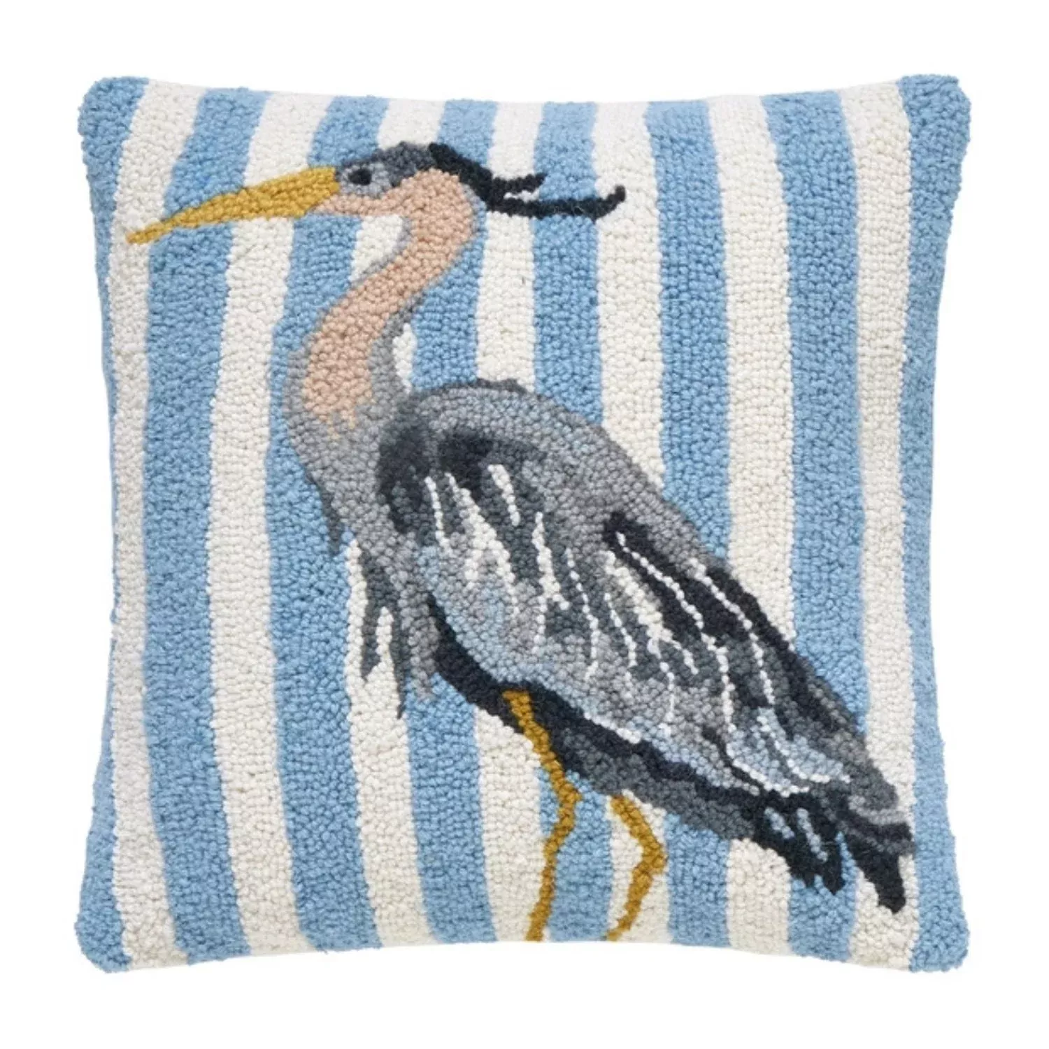 Blue and White Striped Heron Hook Pillow, 16" x 16"