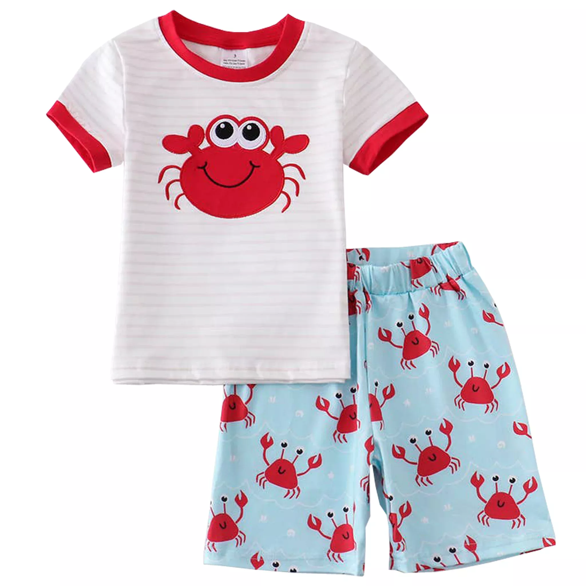Crab Applique White Stripe Boys Short Set