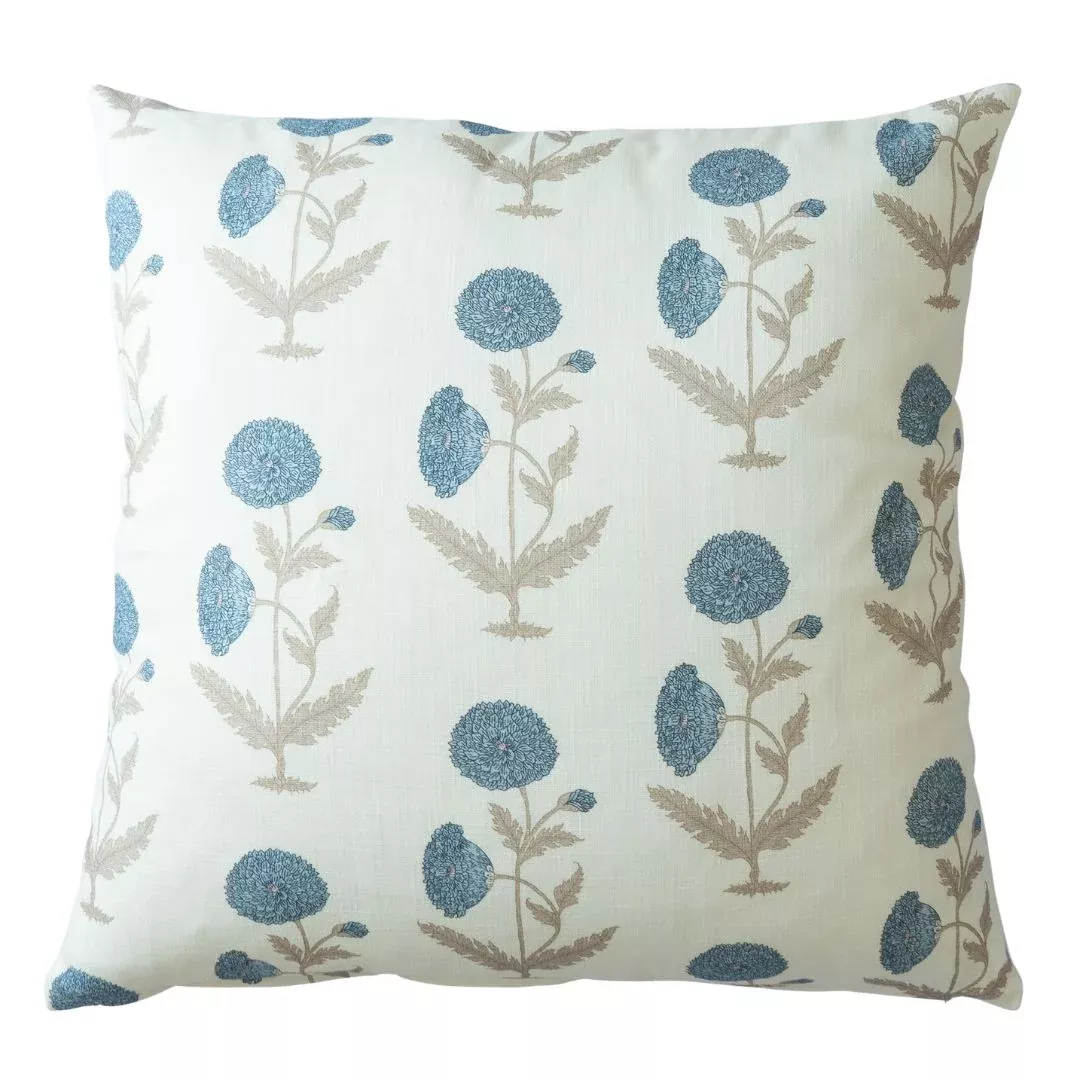 Ellie Blue Floral Block Print Pillow 22"