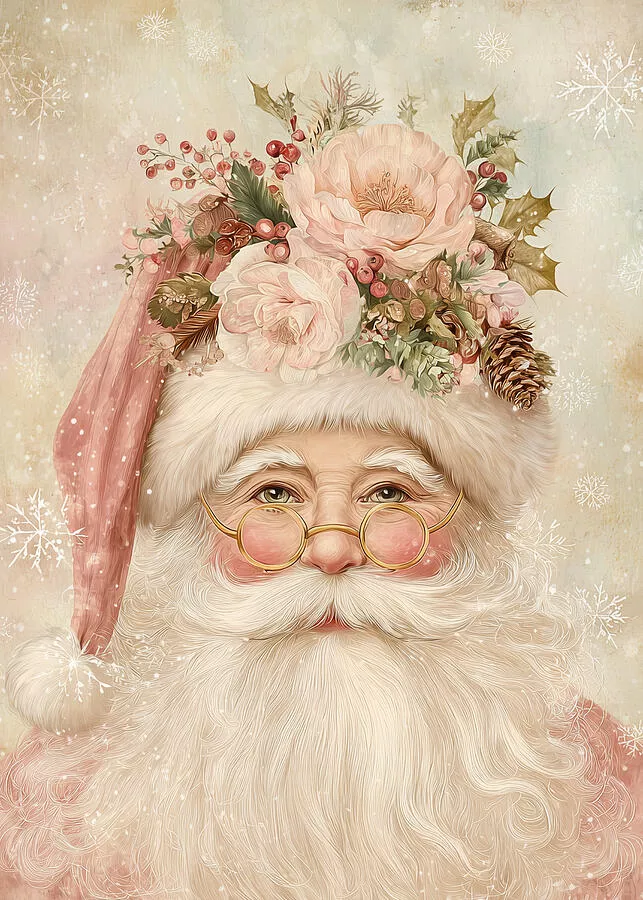 Floral Saint Nick Vintage Botanical Santa Claus Portrait