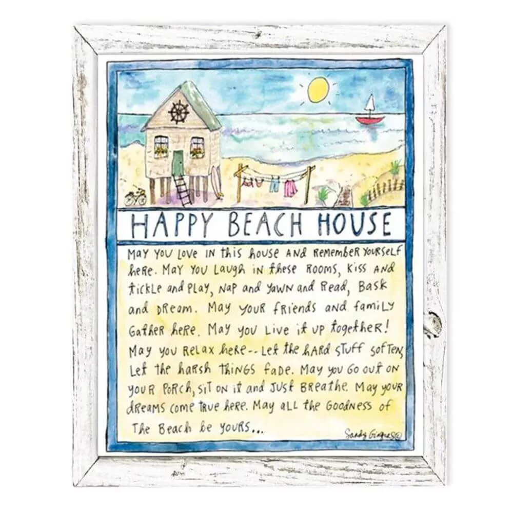 Happy Beach House Coastal Art, White Wood Frame, 7.75 x 9.75