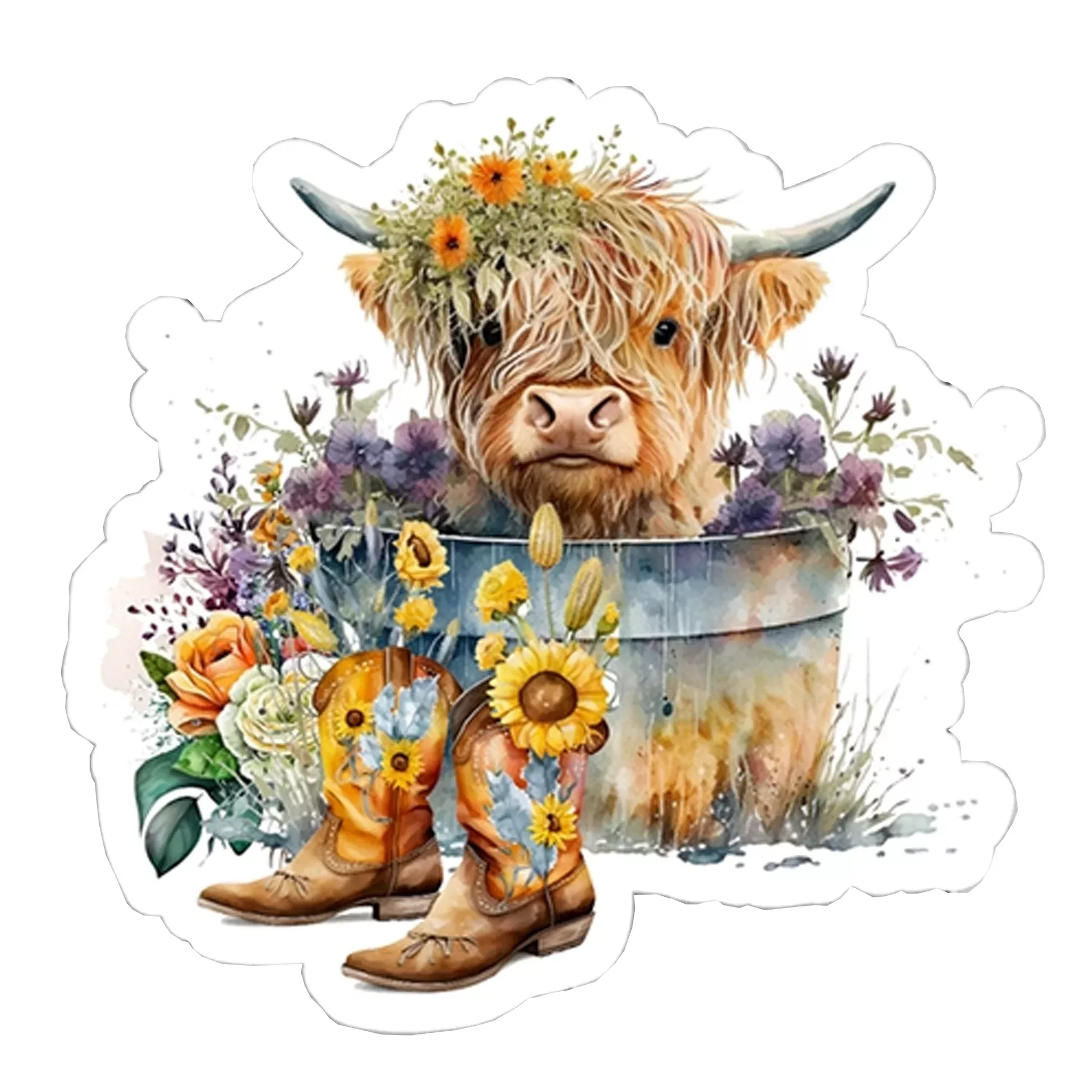 Highland Cow & Flowers Vinyl Sticker