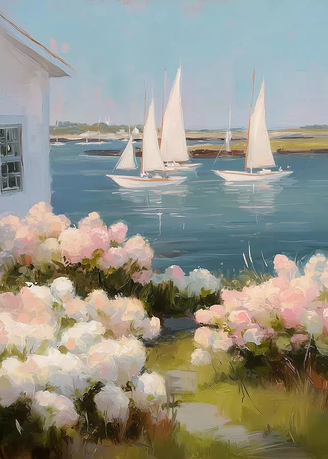 Hydrangeas and Sailboats Coastal Summer Painting