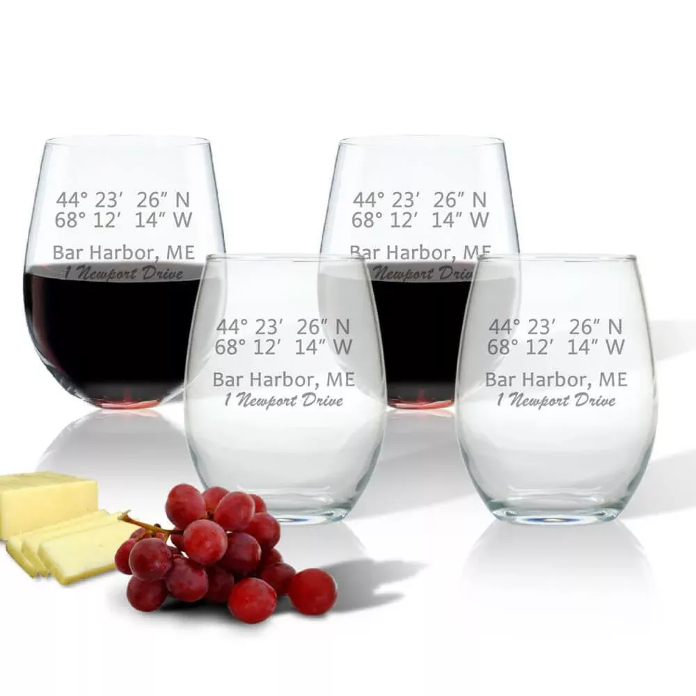 Latitude & Longitude Glasses, Stemless Wine, Set of 4