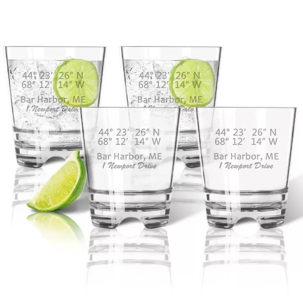 Latitude & Longitude Glasses, Unbreakable Acrylic, Double Old Fashioned Set of 4 GPS Coordinates + Address Drinkware