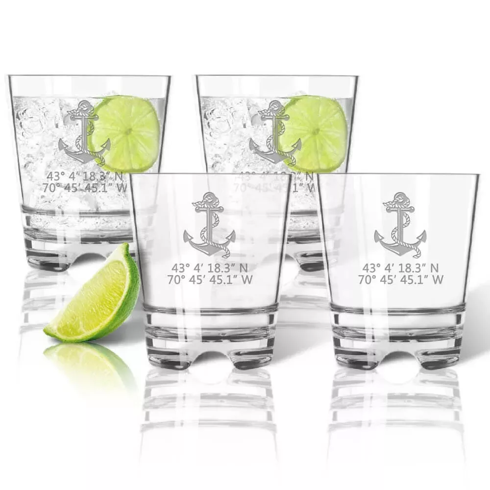 Latitude Longitude Nautical Glasses, Unbreakable Acrylic, 5 Coastal Designs + Latitude & Longitude, Old Fashioned Tumblers Set of 4