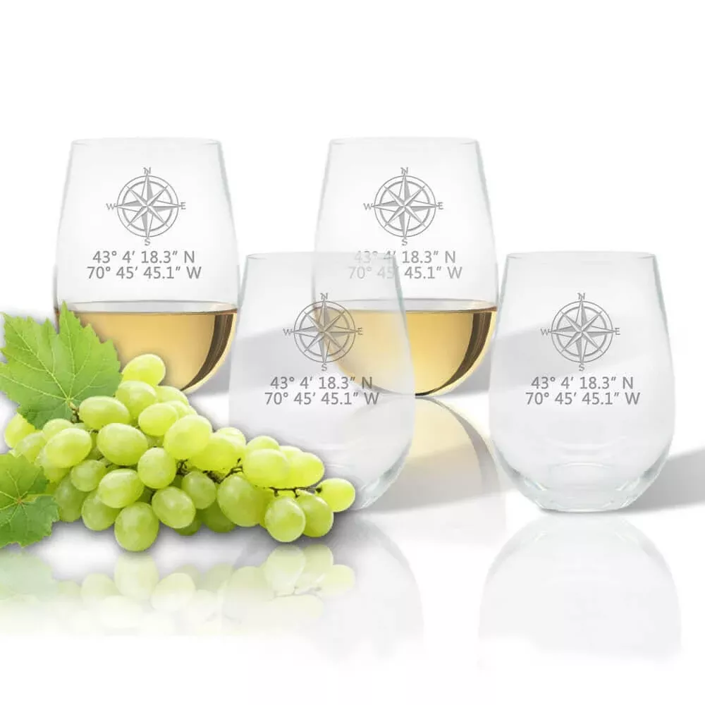 Latitude Longitude Nautical Stemless Wine Glasses, Unbreakable Acrylic, 5 Coastal Designs + Latitude & Longitude, Set of 4