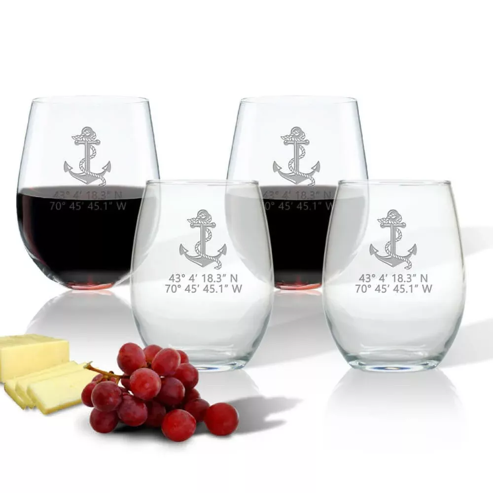 Latitude/Longitude Stemless Wine Glasses, Nautical Design + Coordinates, Set of 4