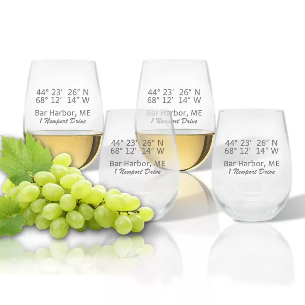 Latitude & Longitude Stemless Wine Glasses, Unbreakable Acrylic, GPS Coordinates + Address Drinkware