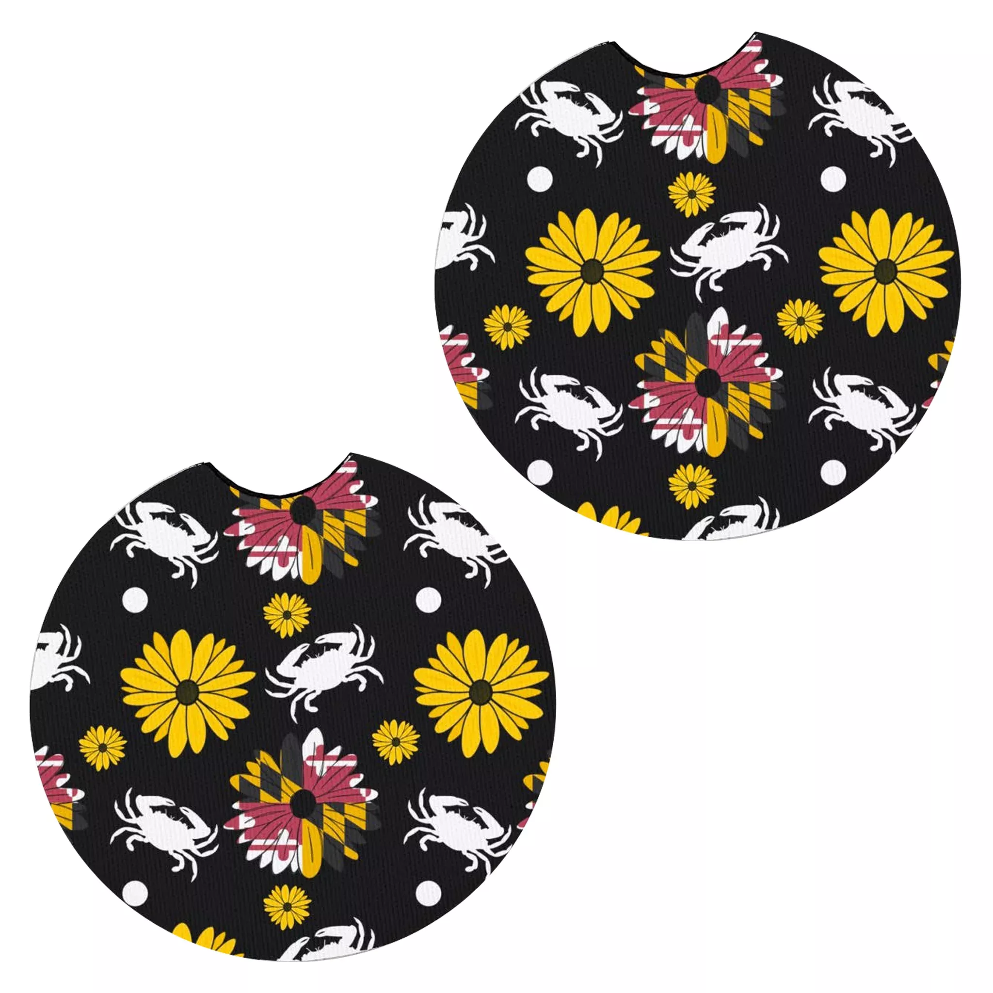 Maryland Flower & Crab Black Car Coasters Set of 2