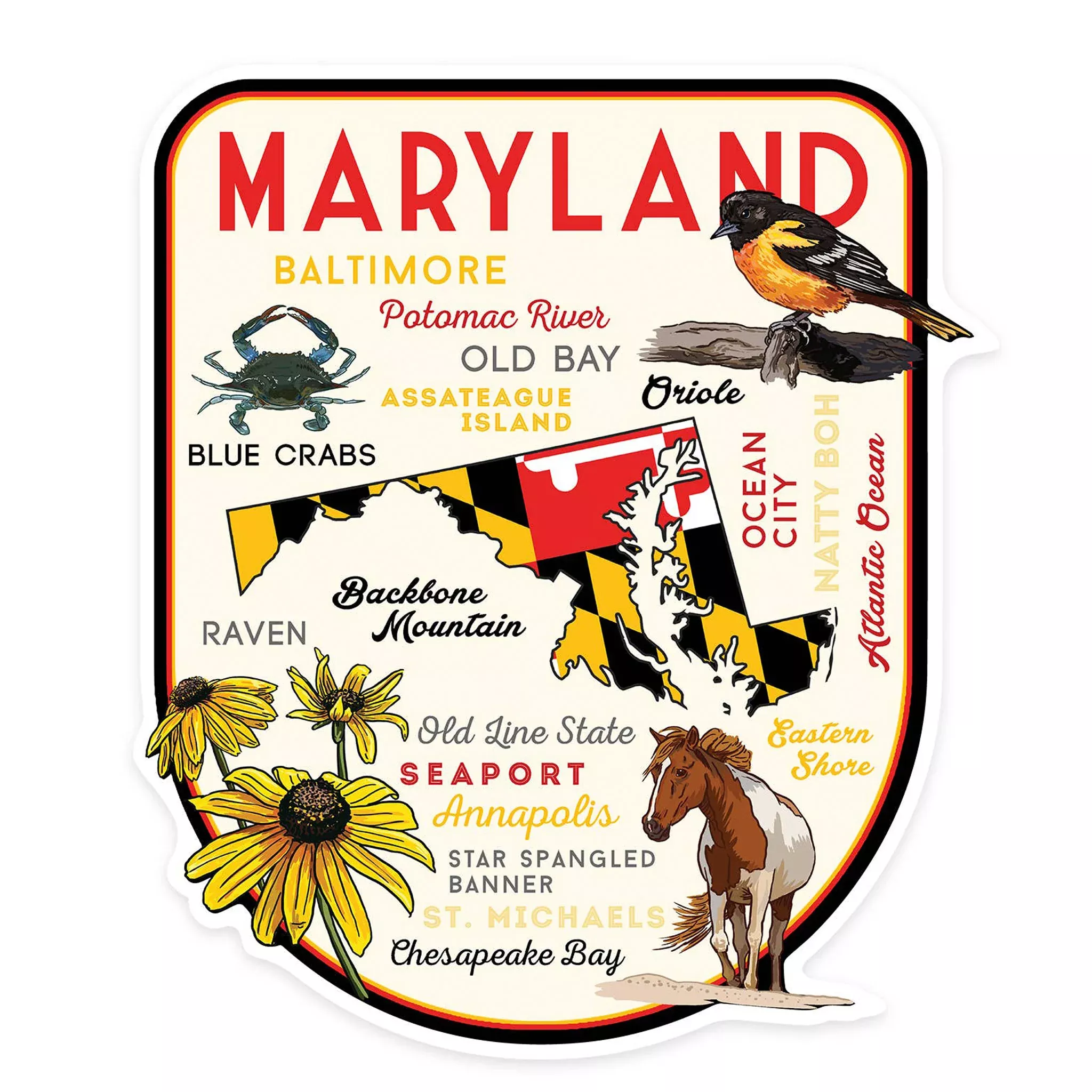 Maryland Icons Collage Shield Die-Cut Sticker
