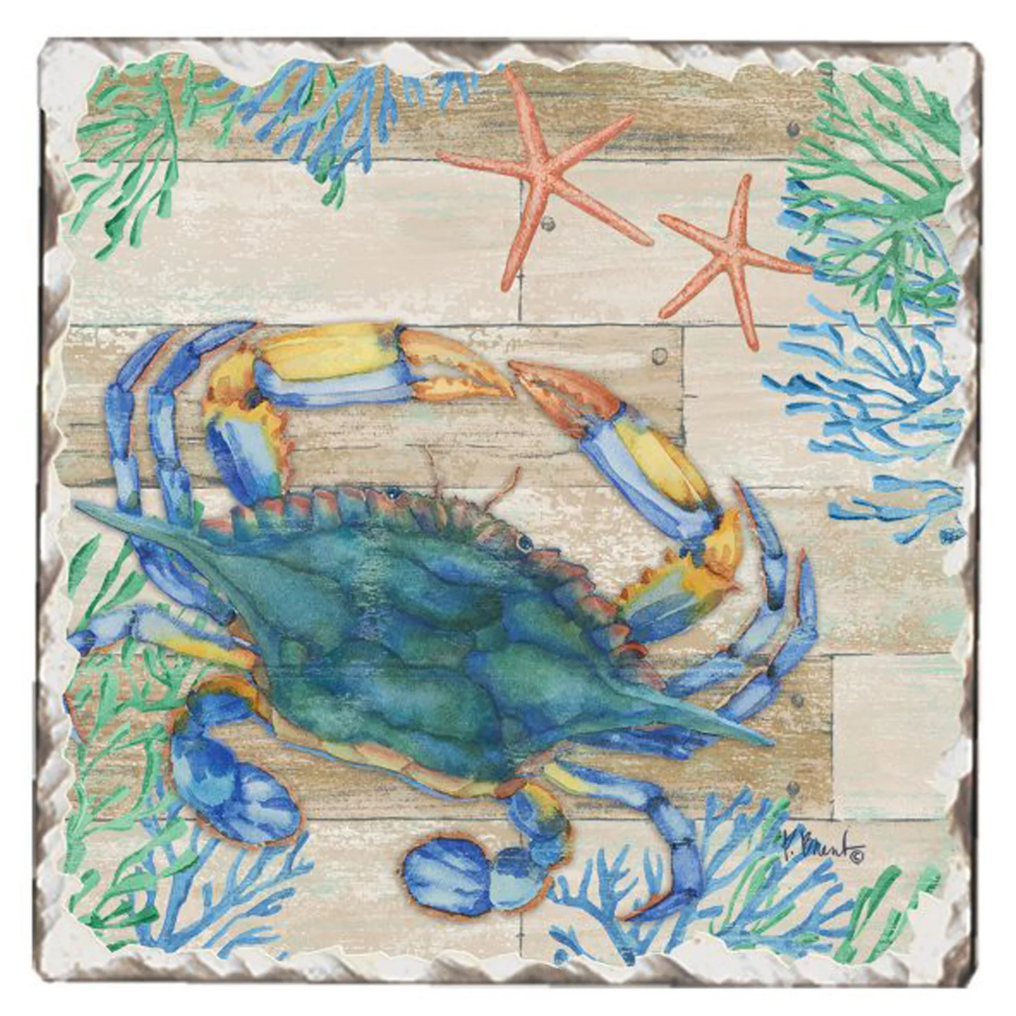 Natural Blue Crab Tumbled Edge Stone Drink Coaster