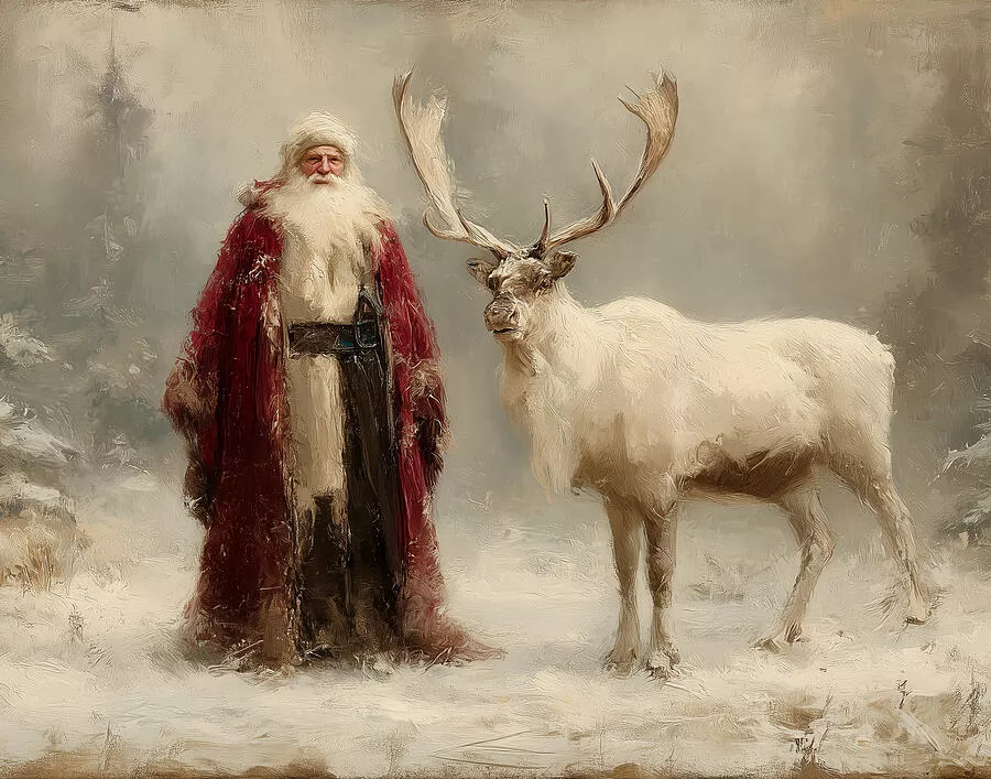 Old World Santa and His Ivory Reindeer