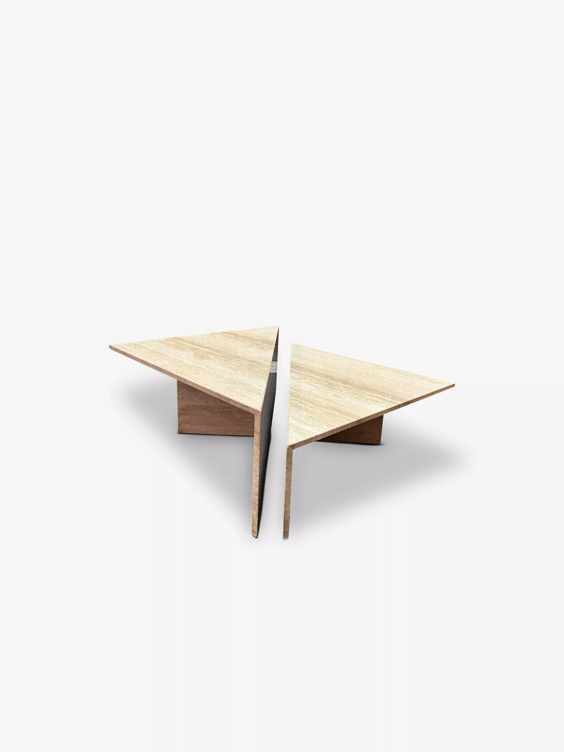 Pair of 1970's Up & Up Triangle Tables in Travertine