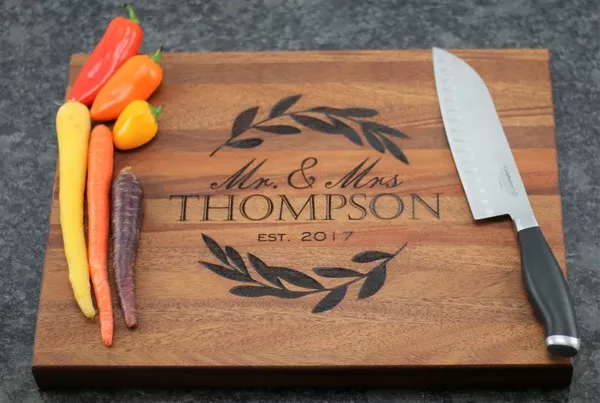 Personalized Butcher Block Cutting Board with Laurel Branches