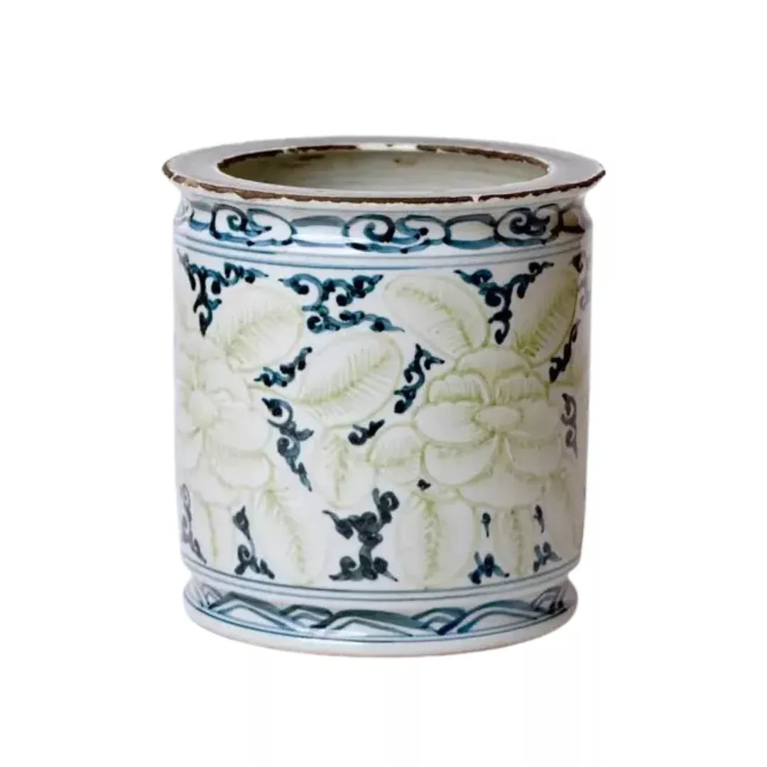 Rustic Blue and Green Floral Porcelain Cachepot