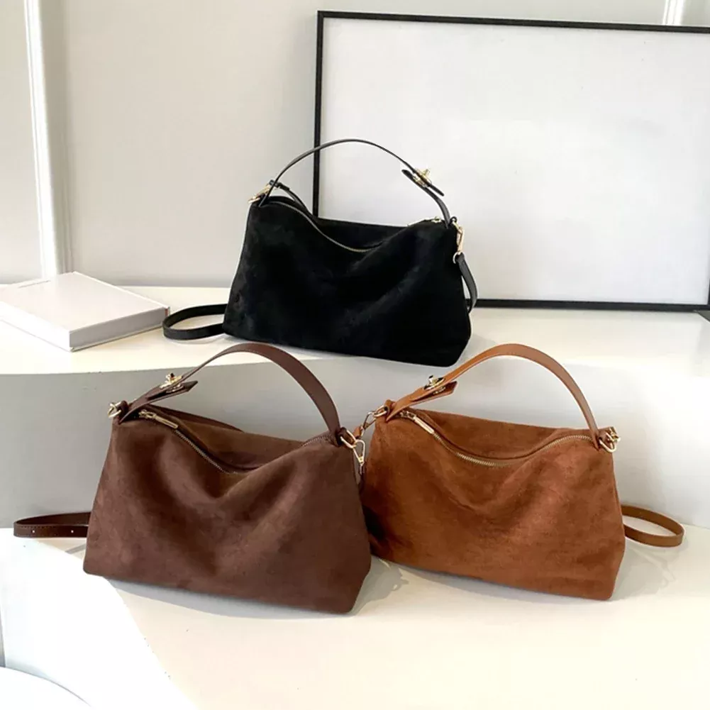 Soft Matte Suede Leather Crossbody Handbag w/ Adjustable Strap
