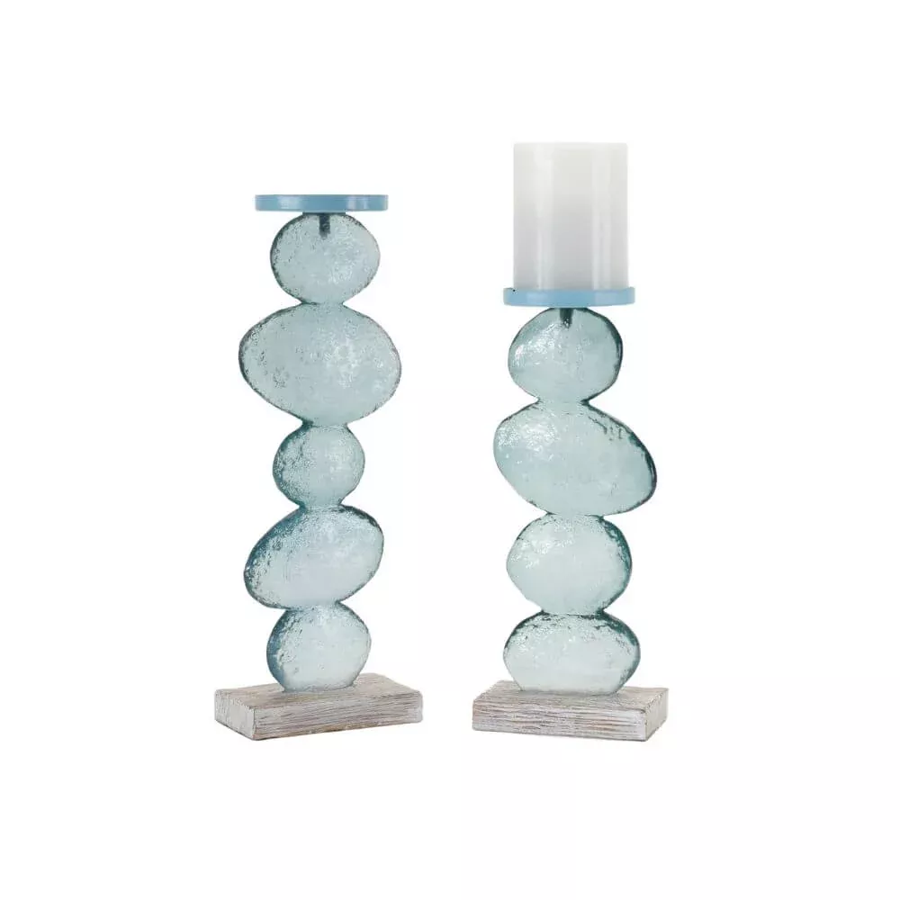 Soft Teal Glass & Whitewashed Candle Holders