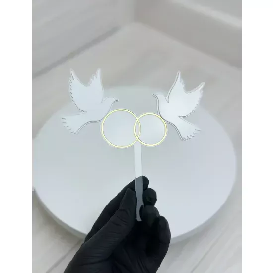 Topper acrylic 3 mm Wedding rings doves gold
