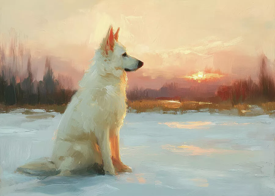 White Dog at Winter Sunset