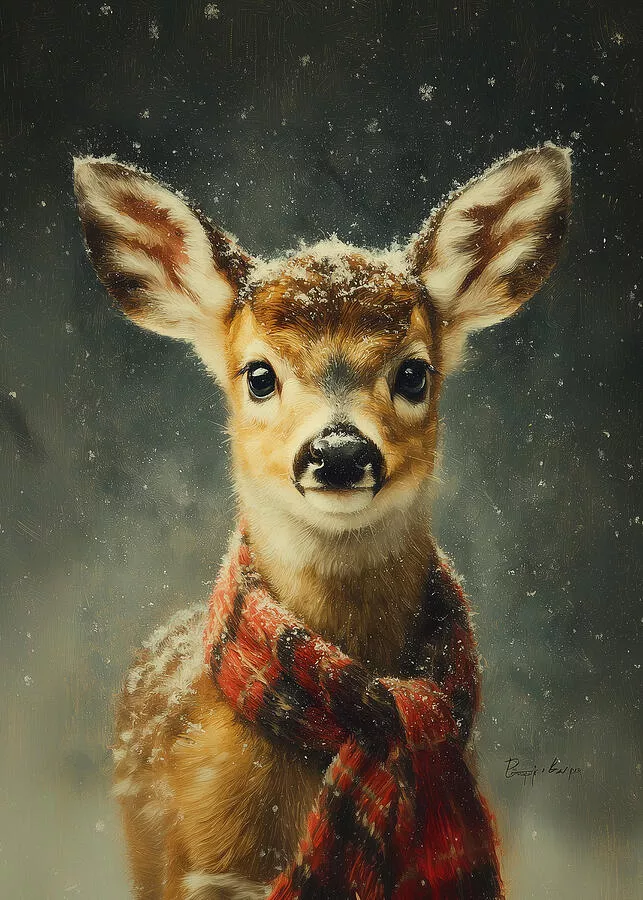 Winter Fawn in Red Scarf